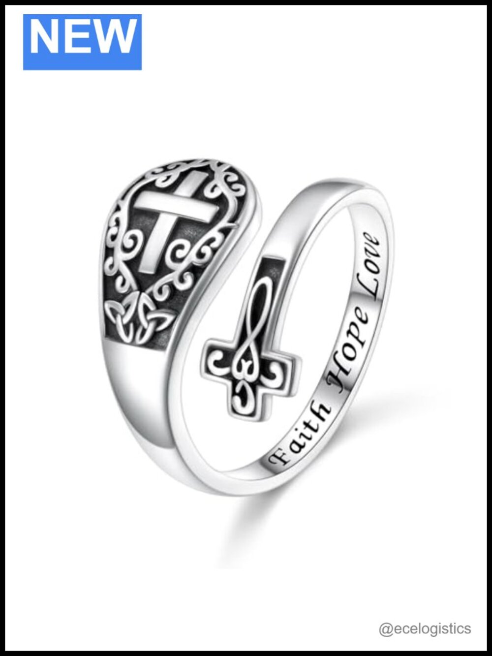 Sterling Silver Open Cross Adjustable Thumb Ring Faith Hope Love